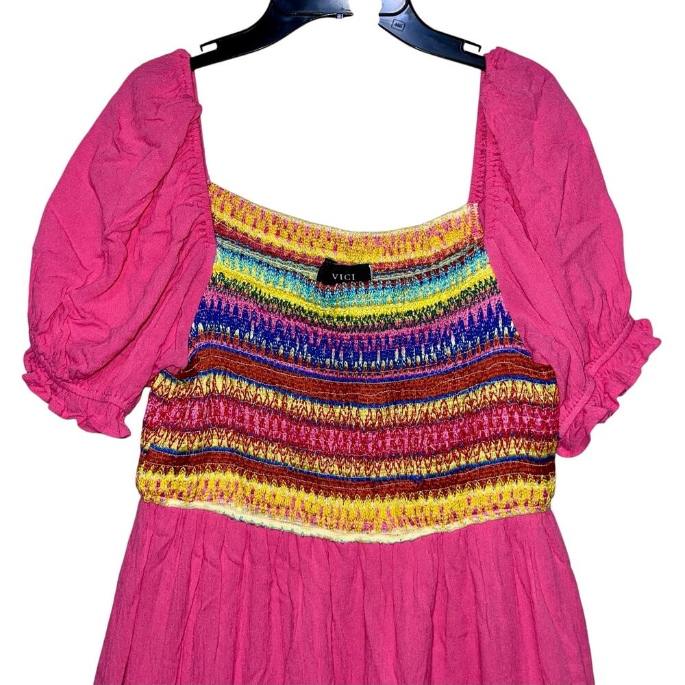 Mini Dress Pink Fit & Flare Smocked Puff Sleeve - Picture 4 of 11